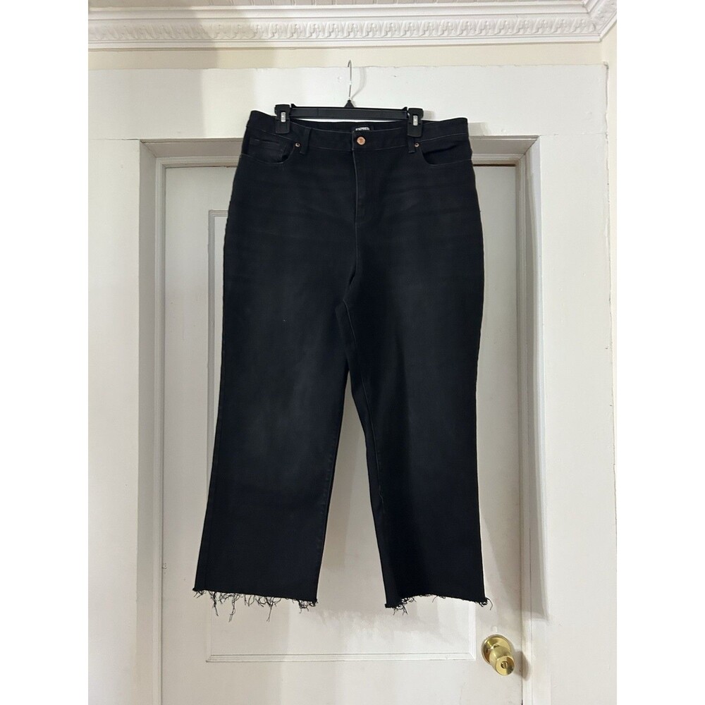 Express Cropped Straight Black Denim Jeans Women’s 16 High Rise Fray Hem City
